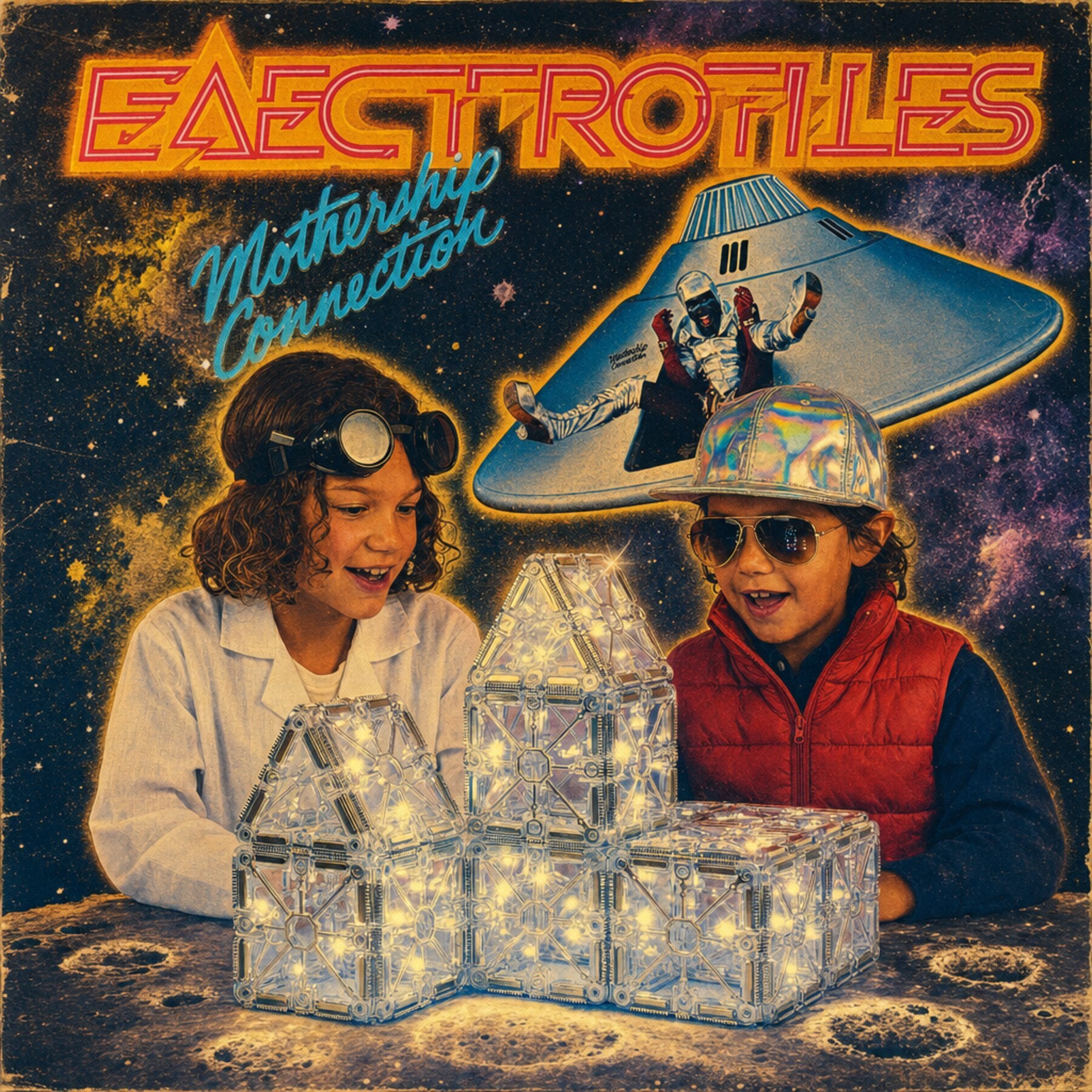 Electrotiles Mothership Connection — Parliament album-cover homage with kids and glowing tiles